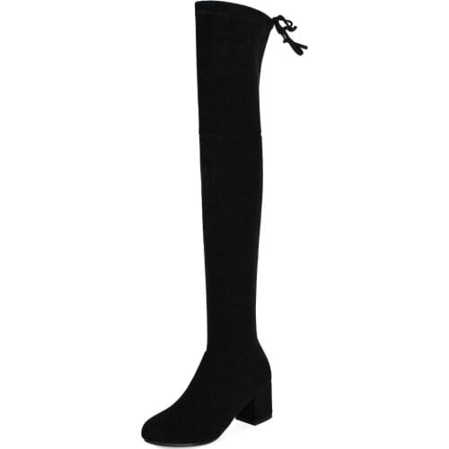 Big Size 9 10 11 12 Pure round-headed long-barrel bow over knee thick-heeled boots