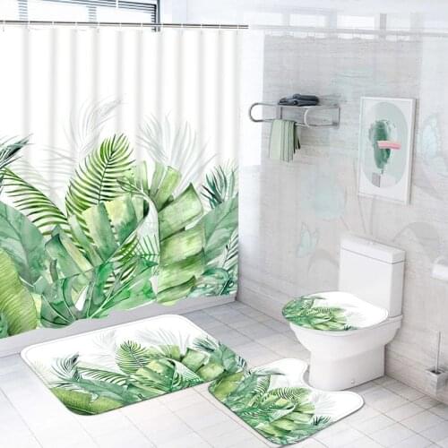 Tropical Green Plants Shower Curtains Set Banana Leaves Bath Curtain with Hooks Hanging Curtains for Bathroom Shower Decoration
