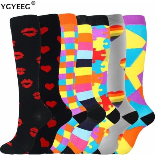 YGYEEG Men Sport Compression Stockings Colored Love Stripe Printing Pattern Dot Leg Pressure Running Cycling Multi Color Unisex