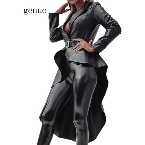 Women Long Sleeve Faux Leather PU Blouse Shirt Turn-Down Collar Ruffle Hem Irregular Blouse Elegant Long Shirt Ladies Casual Top