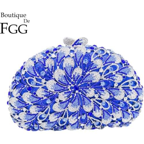 Boutique De FGG Blue and White Flower Women Crystal Clutch Evening Bags Bridal Wedding Handbags Diamond Cocktail Party Purse Bag