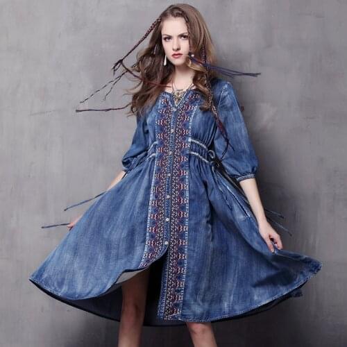 Vintage Floral Embroidery Denim Dress Spring Women V-Neck Half Sleeve Drawstring Wiggle Dress Woman Casual Loose Ethnic Clothes