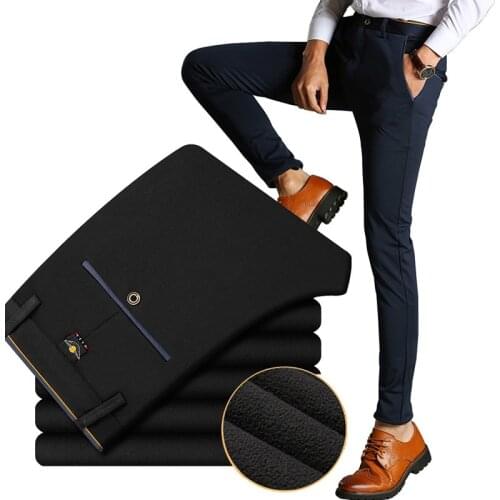 Winter men casual pants with velvet thicken business youth male Elastic trousers fleece slim long suits pants mens clothing