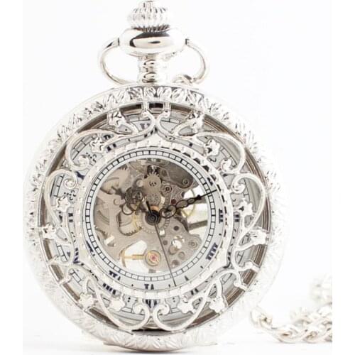 10pcs/lot Vintage Silver Hollowed Roman Dial Mechanical Hand Wind Pocket Watch Antique Men Pocket Watches