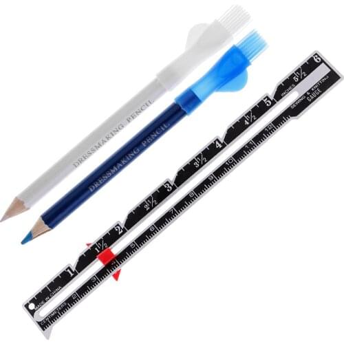 3Pcs Tailor Chalk Pencils With Brush + Sewing Gauge Dressmakers Fabric Tools
