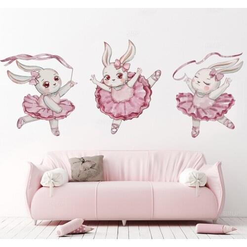 Watercolor Cute Ballerina Bunny Wall Stickers Home Decoration Decor Stickers Ballet Pink Baby Nursery Room Wall Decals