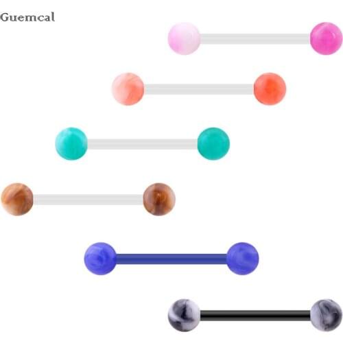 Guemcal 6pcs Popular All-match Multicolor Ball Transparent Straight Threaded Tongue Nail Set Piercing Jewelry