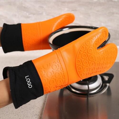 Long Plus Cotton Microwave Non-slip Silicone Gloves Household Insulation Gloves Oven Flat Mouth 4 Color Selection