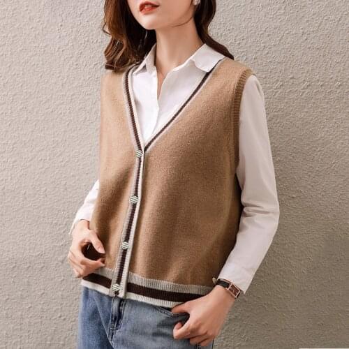 Sweater vest women 2021 new 100% wool sweater sleeveless casual stitching cardigan plus size cashmere v-neck vest ladies top hot