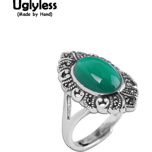 Uglyless Exotic Thai Taste Vintage Open Rings for Women Semi-precious Gemstones Green Chalcedony Rings 925 Silver Dress Jewelry