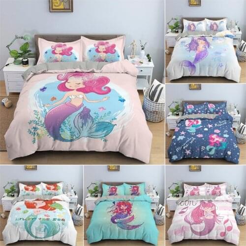 Mermaid Pattern Bedding Set Quilt Cover Cartoon Printed Duvet Cover Set King Queen Twin Bedclothes Kids Bedroom Decor 2/3Pcs