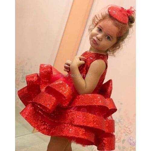 Red Sleeveless Cascading Flower Girl Dresses Sequins Tiered Girls Pageant Dress First Holy Communion Party Dresses AG0256