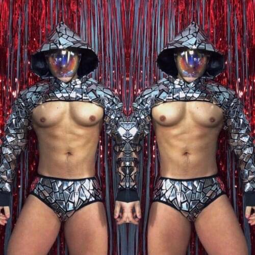 Bar Nightclub Men Dancer Pole Dancing Sexy Costume Silver Laser Sequins Hooded Tops Shorts Set Band Festival Rave Stage Outfit