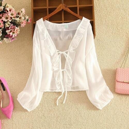 2021 Summer Chiffon Sunscreen Shirt Korean Sunscreen Womens Coat Fairy Thin Small Shawl Chiffon Cardigan with Straps 15861