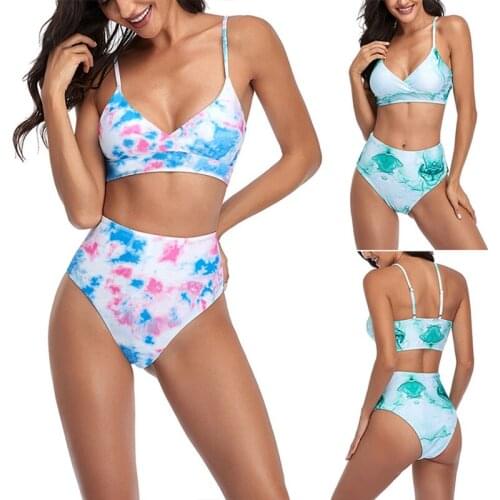 Hot kf-Womens Sexy Bikini 2-Piece High-Waist Tie-Dye Printed Vest Split Swimsuit Set