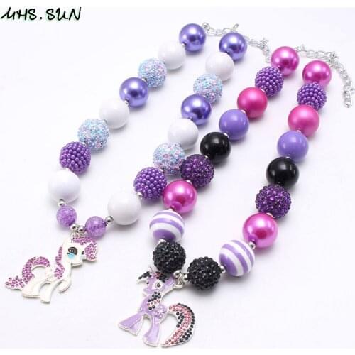 MHS.SUN Rhinestone Unicorn Necklace For Baby Kids DIY Beads Bubblegum Chunky Necklaces & Animal Pendants For Girls Jewelry 1pc