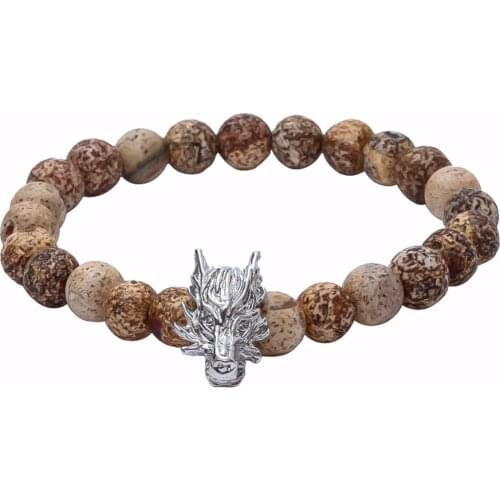 Fashion Men Jewelry Wolf Head Charm Bracelets Weathering Stone Beads Wolf Head Connector Accessories Pulseira Animal Bracelet