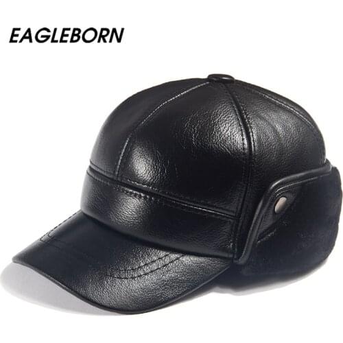 Men Winter Leather Hat Real Fur Hat Cowhide Baseball Cap Bomber Hats Russian Hat Men Dad Father Thick Tab Luxury Winter Caps