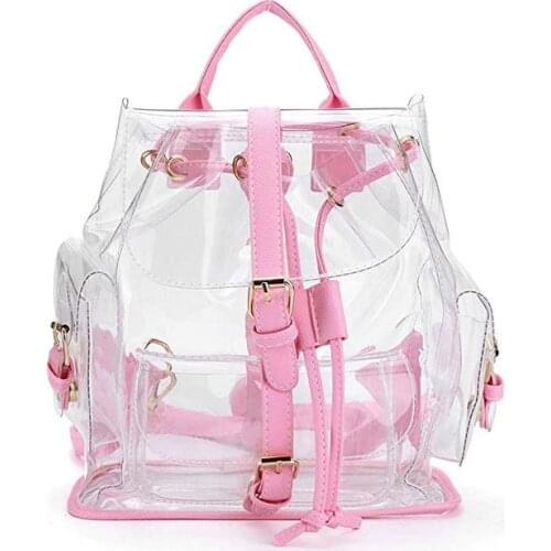 4PCS / LOT New Women Transparent PVC Backpacks Buckles String Students Girls Fashion Pink Green School Bags