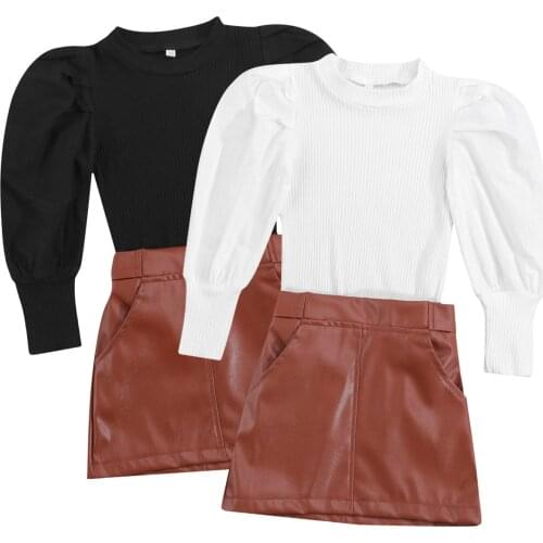 Citgeett Autumn Kids Toddler Girls Fall Outfits Long Puff Sleeve Knit Tops + Mini Leather Skirt Clothes Spring Set