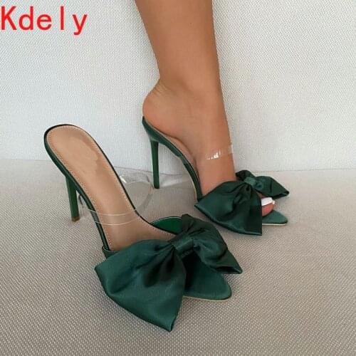 Sexy Fashion Silk Butterfly-Knot Patchwork PVC Shallow NEW 2021 Summer Head Peep Toe Stiletto High Heels Sandalias Mujer