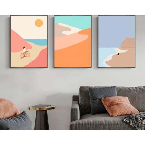 Abstract Mountain Canvas Painting Sunset Beach Cycling Posters and Prints Nordic Surfing Wall Art Pictures for Living Room Decor