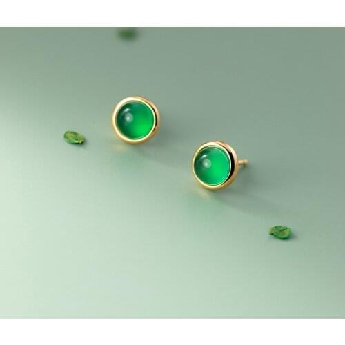 Simple Design Summer Green Agate Geometric Round Stud Earrings For Women 925 Sterling Silver Earrings Ear Jewelry