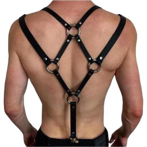 Hot Sexy Men Fetish Costume Stage Dance Wear Bondage Punk Faux Leather Iron Ring Harness Belt Top Male Gay Club Party Dance Wear