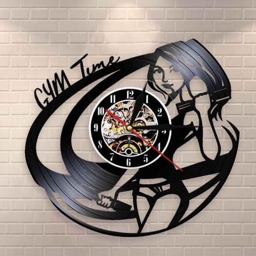 Sports Girl Bodybuilding Wall Clock Motivation Quote Fitness Room Wall Decor Clock GYM Time Vinyl Music Vinyl Record Wall Clock