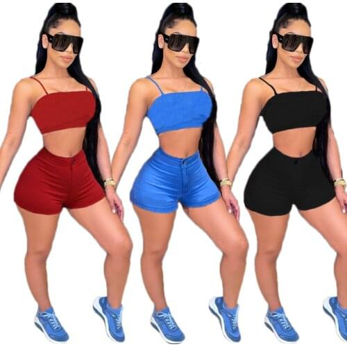 Echoine 2021 summer High elastic denim sporty Two Piece set Bandage Crop Tops and shorts jogger Streetwear Tracksuits Outfits