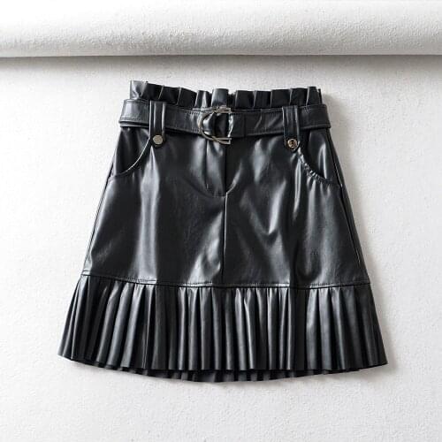 RR Black PU Skirts Women Fashion Faux Leather Skirt Women Elegant Tie Belt Waist Mini Skirts Female Ladies IP
