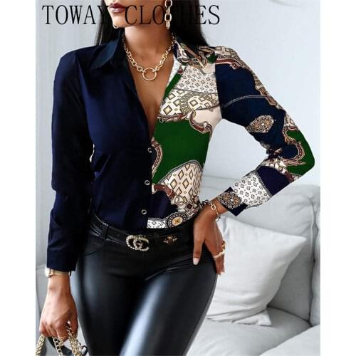 Women Scarf Chain Print Button Design Shirt Turn-down Collar Long Sleeve Elegant Chic Blouse Top