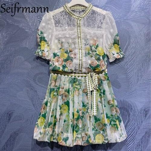 Seifrmann New 2021 Summer Women Fashion Runway Skirts Set Flare Sleeve Lace Loose Blouses + High Waist Pleated Mesh Skirts Suits
