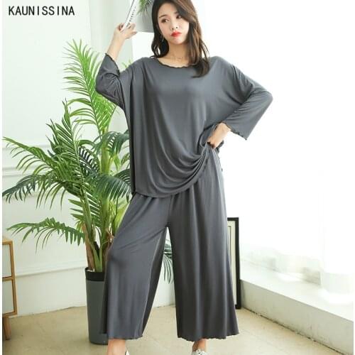Plus Size Pajamas Sets Women Modal Sleepwear Long Sleeve O-Neck Nightshirts Ankle-Length Wide Leg Pants Loose Big Loungewear