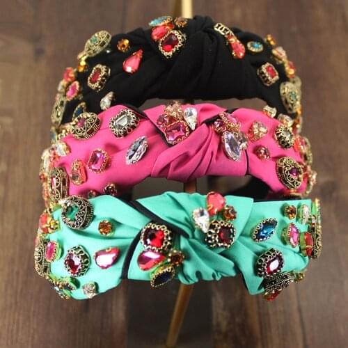 Vintage Green Fashion Hair Accessories Wide Side Headband Mix Crystal Baroque Hairband Center Cross Headwear For Women Wedding