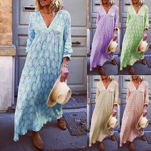 2021 Fall Fashion New Trend Street Simple Style Comfortable Breathable V Neck Long Sleeve Printed Loose Long Multicolor Dress