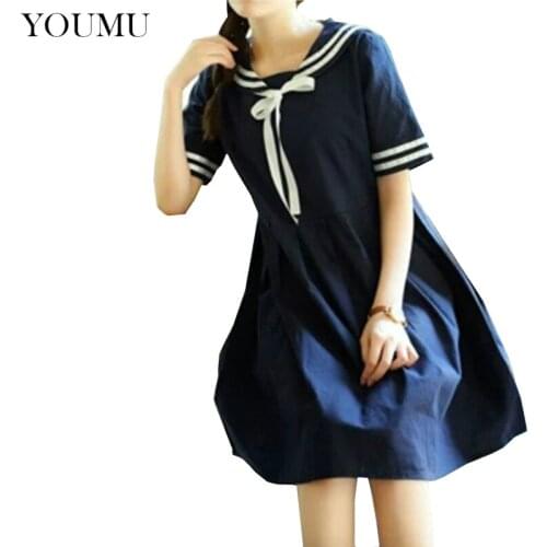 Women Cotton Linen Sailor Suit Dresses Bow Loose Striped Sailor Collar Short Sleeve Knee-Length Dress Summer Sweet 903-462