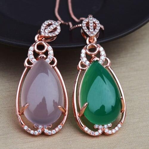 Women Chalcedony Necklace Pendant Pink Green Agate Water Drop Set With Diamonds 925 Silver Gold Plated Zircon Pendant Jewelry