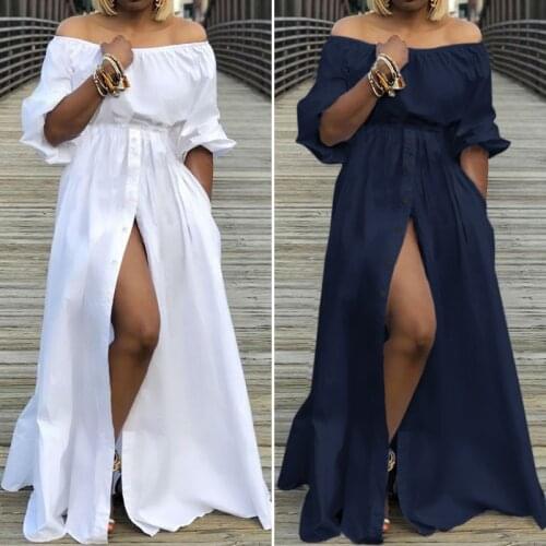 Sexy High Split Maxi Dress Celmia Women Off Shoulder Long Dress Casual Loose Solid Summer High Waist Button Sundress