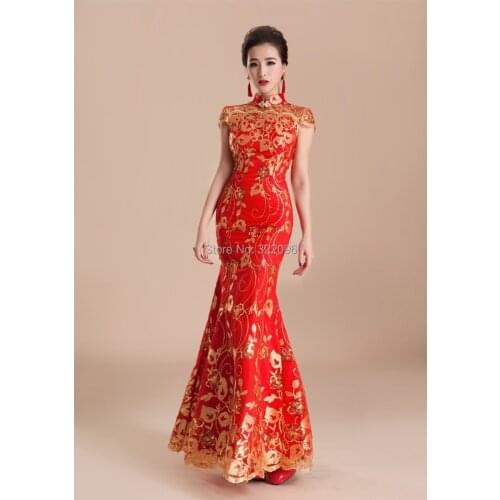 Free shipping Chinese Cheongsam Special Offer Chinese Dress Bride Evening Dress Vintage Slim Fish Tail Lace Wedding Dress QP80