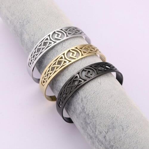LIKGREAT Vintage Viking Runes Charm Bangles for Man Women Celtics Knot Hollow Stainless Steel Golden Open Cuff Bangle Jewelry