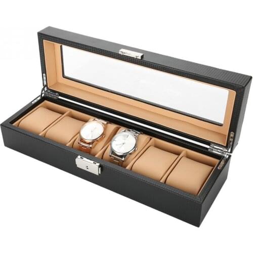6 Grids Carbon Fiber PU Leather Watch Holder Wristwatch Display Case Storage Box Organizer Jewelry Boxes Display Best Gift