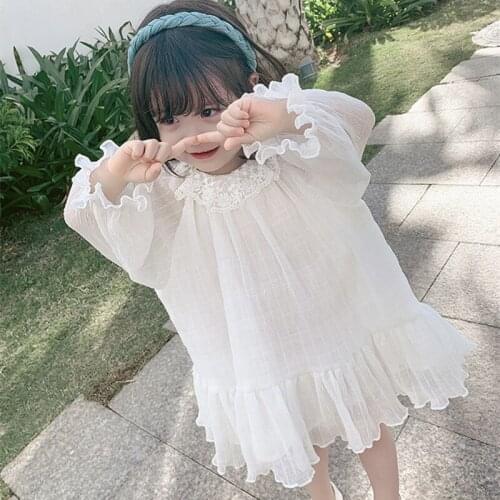 DFXD White Princess Girls Dress Long Sleeve Spring Kids Flower Party Ruffles Dress Birthday Clothing Tutu Dress 2-7T Vestidoss