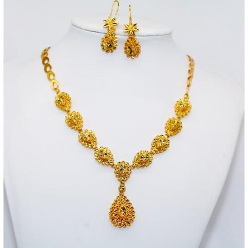 Conjuntos de joias etíopes africanas 24k ouro para mulheres presentes de casamento dubai noiva colar brincos anel conjunto colar