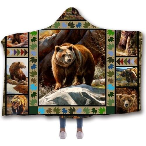 Animal Dragon Bear Print Hooded Blanket Fleece Blankets And Throws Blankets For Beds Double Layered Velvet Wearable Soft Blanket