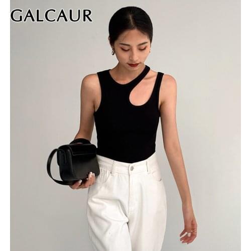 GALCAUR Hollow Out Sexy T Shirt For Female O Neck High Waist Slimming Pure Color Womens T Shirt Fashion Summer New 2021