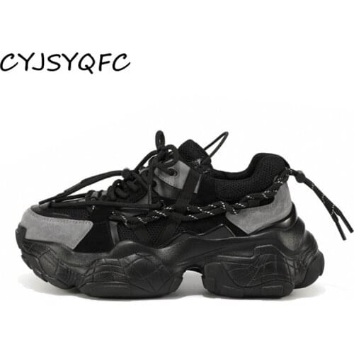 CYJSYQFC Chunky Sneakers Women Mesh Leather Patchwork Double Platform Shoes 2021 Autumn Newest Cross Tied Woman Flat Sneakers