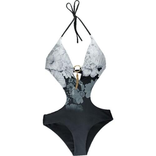 Swimwear Women Swimsuit Women One Piece Bathing Suit Black White Flower Sexy Tassels Backless Bandage Ink Painting Swimming Suit
