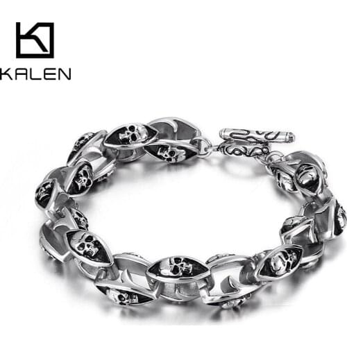 Kalen Punk Skull 316L Stainless Steel Mens 13mm Vintage Bracelet Viking Jewelry Chian Link