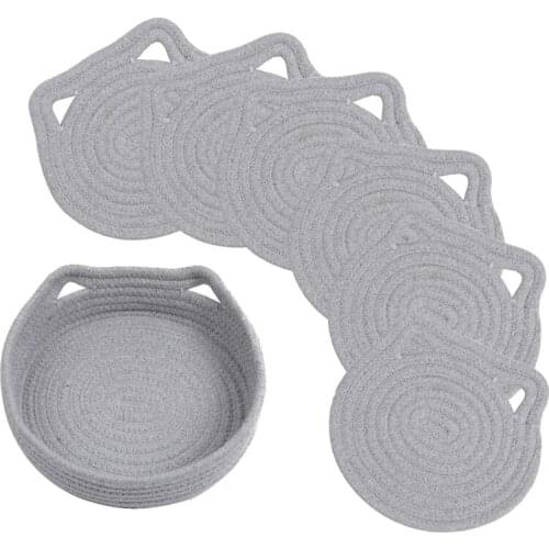 Set of 7 Pot Holder 7Inch Round Cotton Coasters Cat Shape Placemats With Storage Basket,for Kitchen Cooking (Gray)